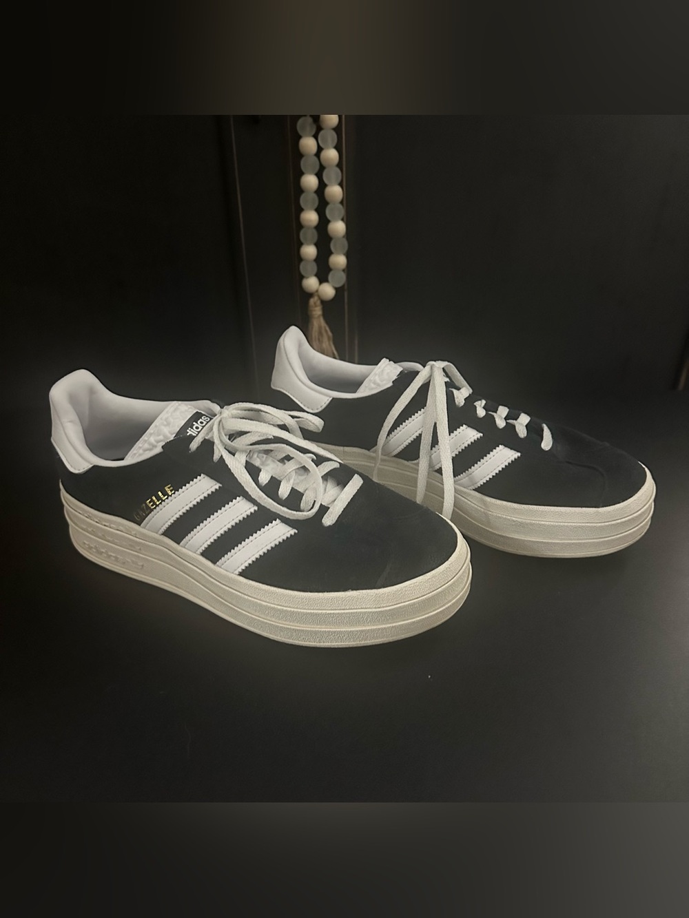 Adidas Gazelle Black Suede Platform Sneakers with White Stripes size 7